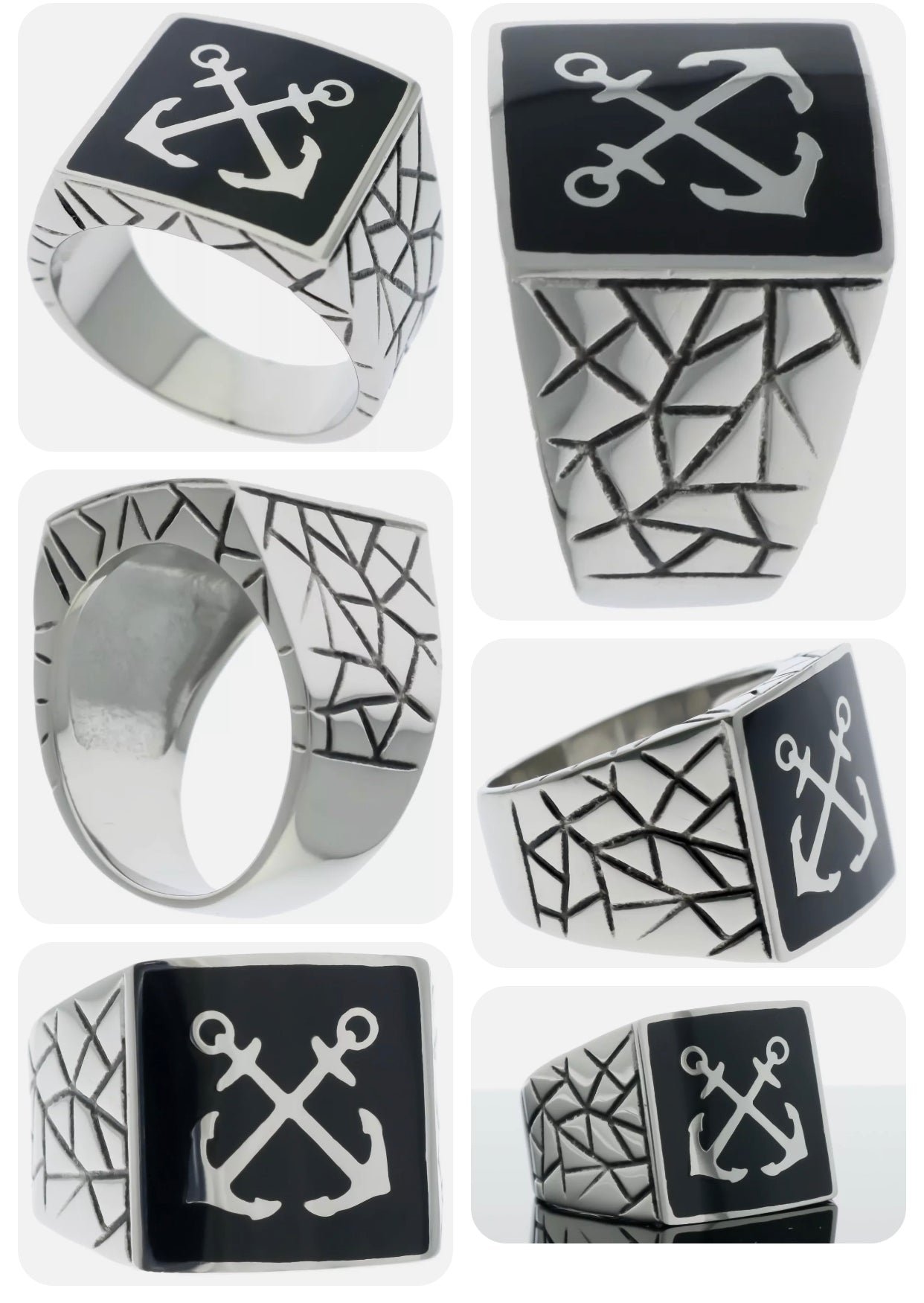 Crossed Anchor Stainless Steel Webbed Ring